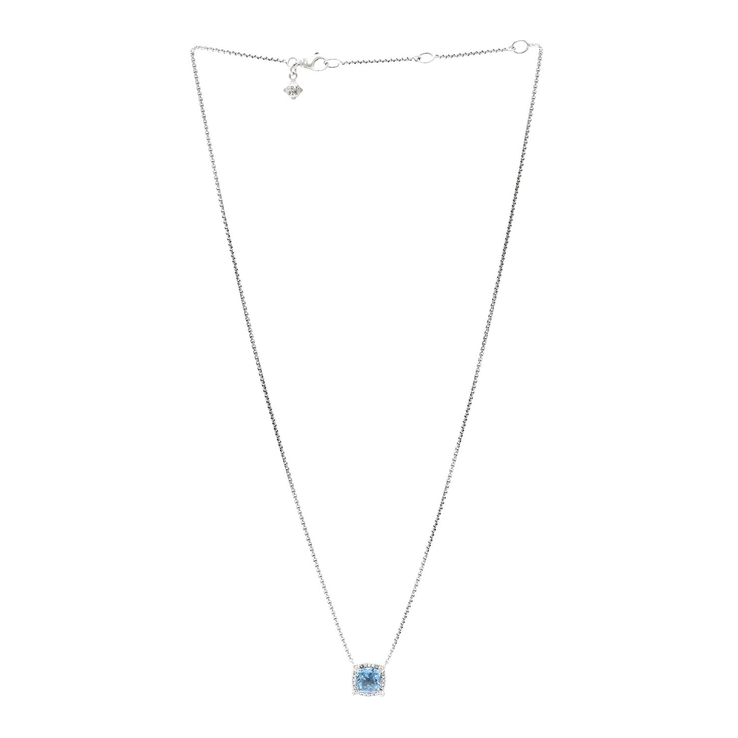 Sterling SIlver Diamond Blue Topaz 7mm Petite Chatelaine Pave Bezel Pendant Necklace