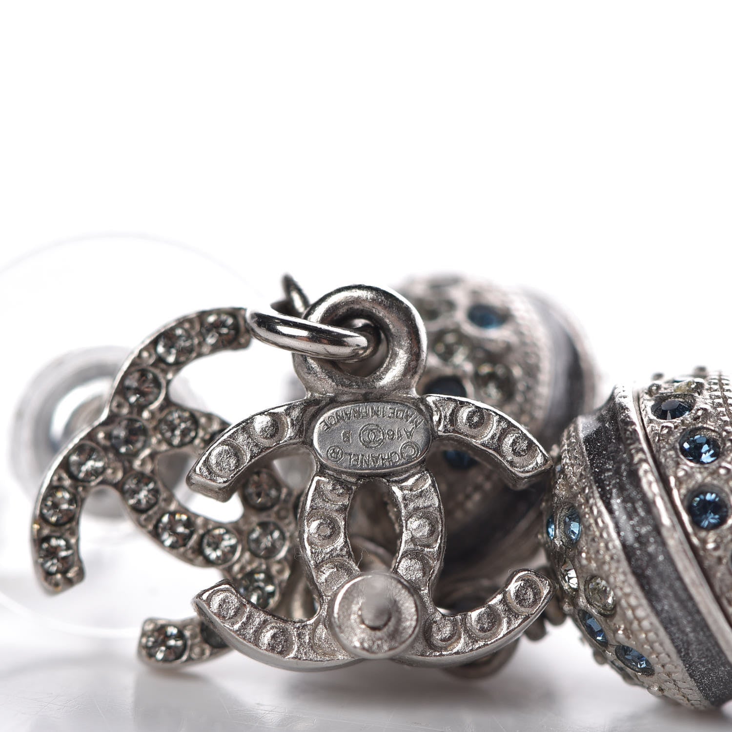 Chanel Crystal CC Drop Earrings Blue Silver 4 of 5