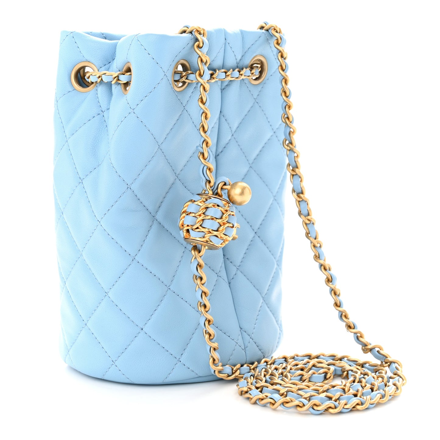 Lambskin Quilted Pearl Crush Drawstring Bag Light Blue