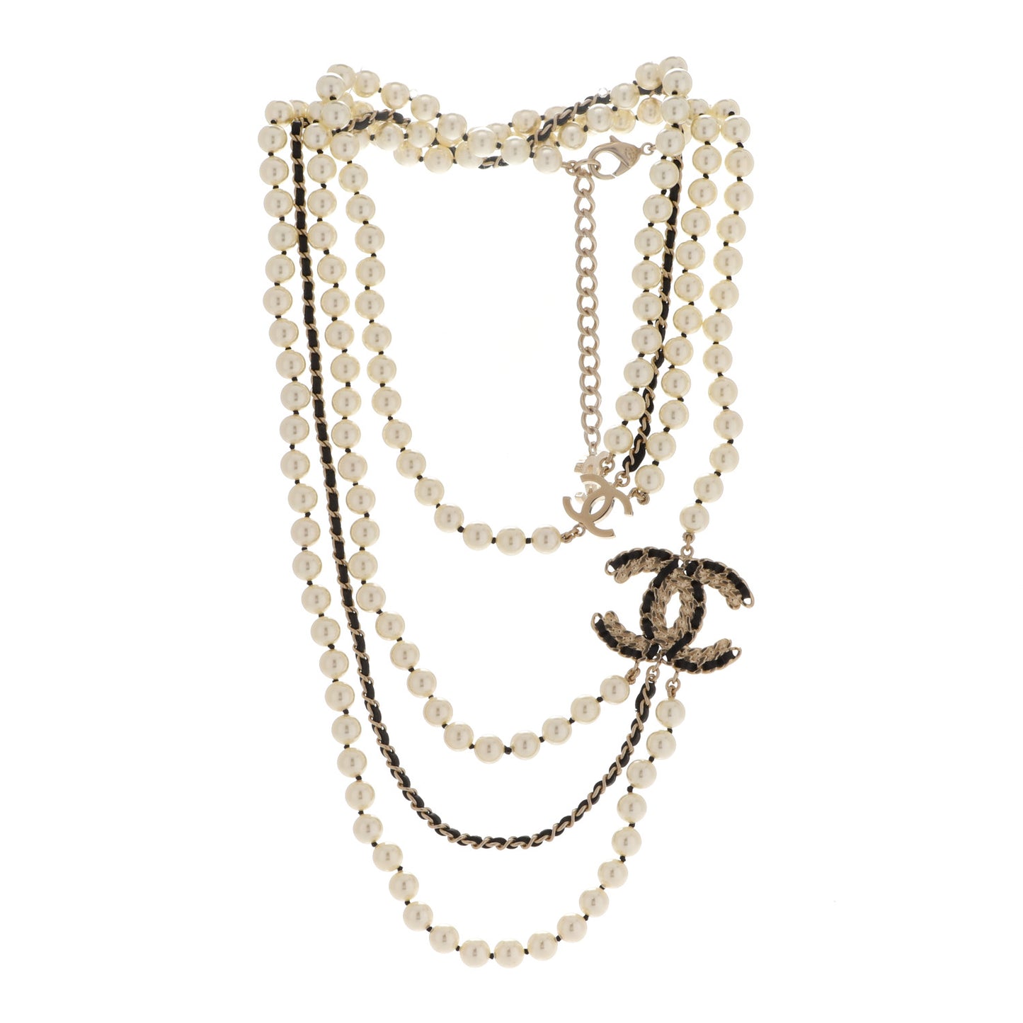 Pearl Lambskin Crystal CC Vintage Allure Necklace Gold Black