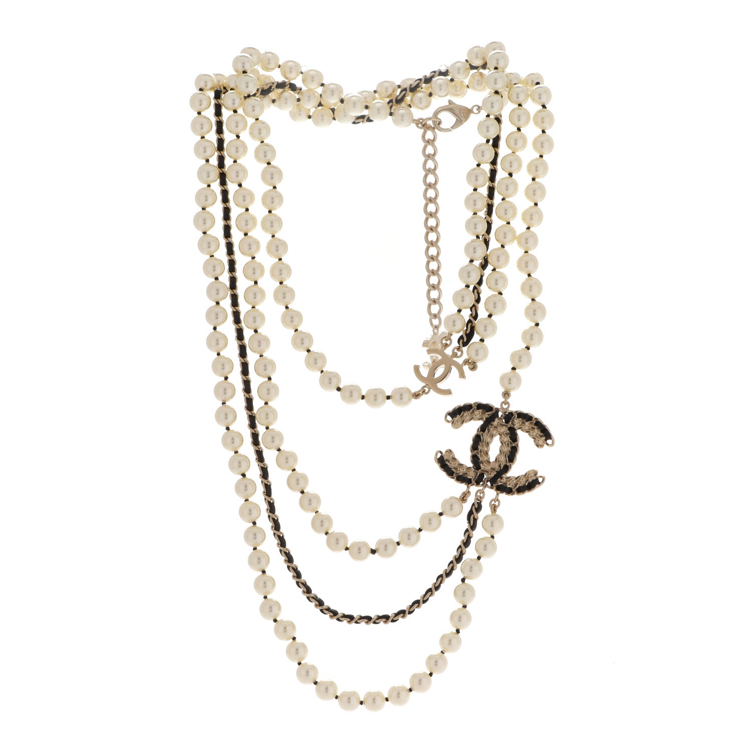 Chanel Pearl Lambskin Crystal CC Vintage Allure Necklace Gold Black 3 of 5