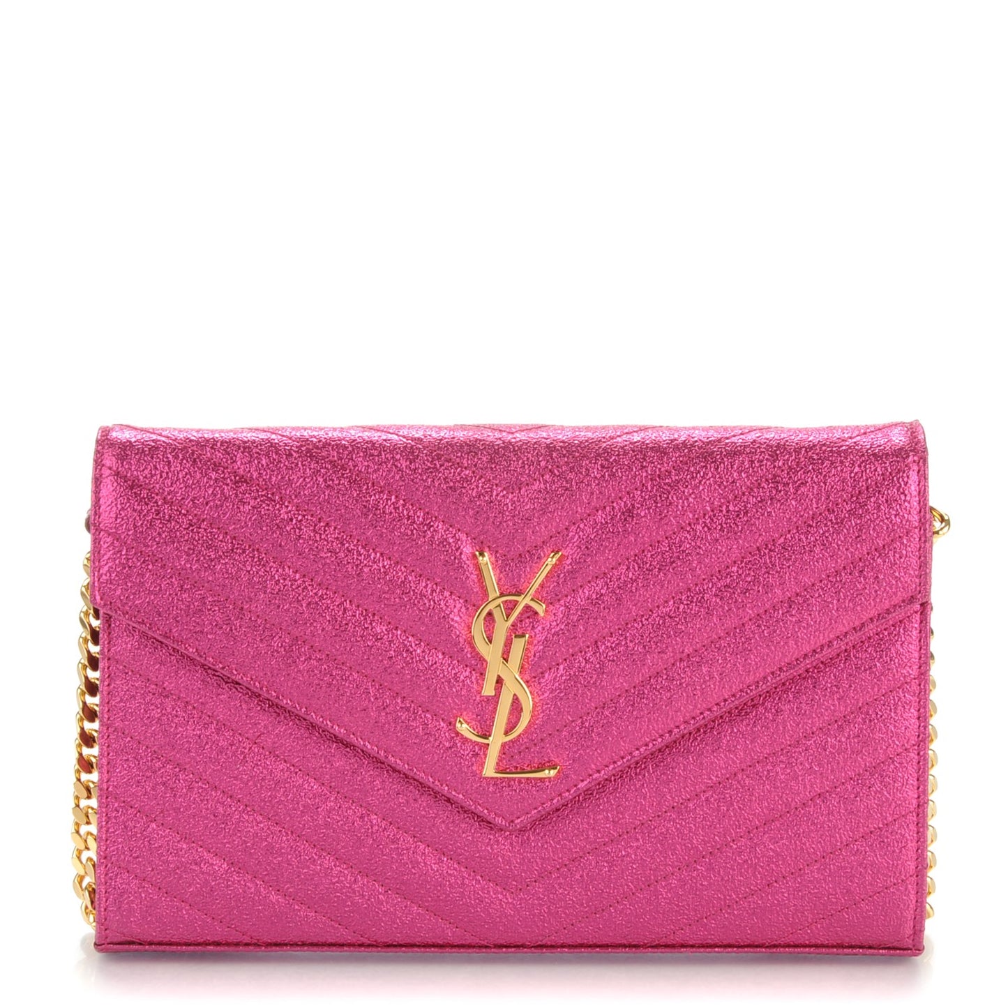 Metallic Crackled Calfskin Matelasse Chevron Monogram Chain Wallet Fuchsia