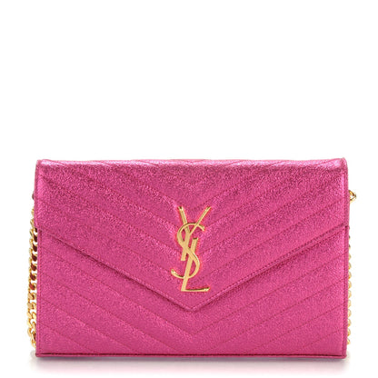 Saint Laurent Metallic Crackled Calfskin Matelasse Chevron Monogram Chain Wallet Fuchsia 1 of 6