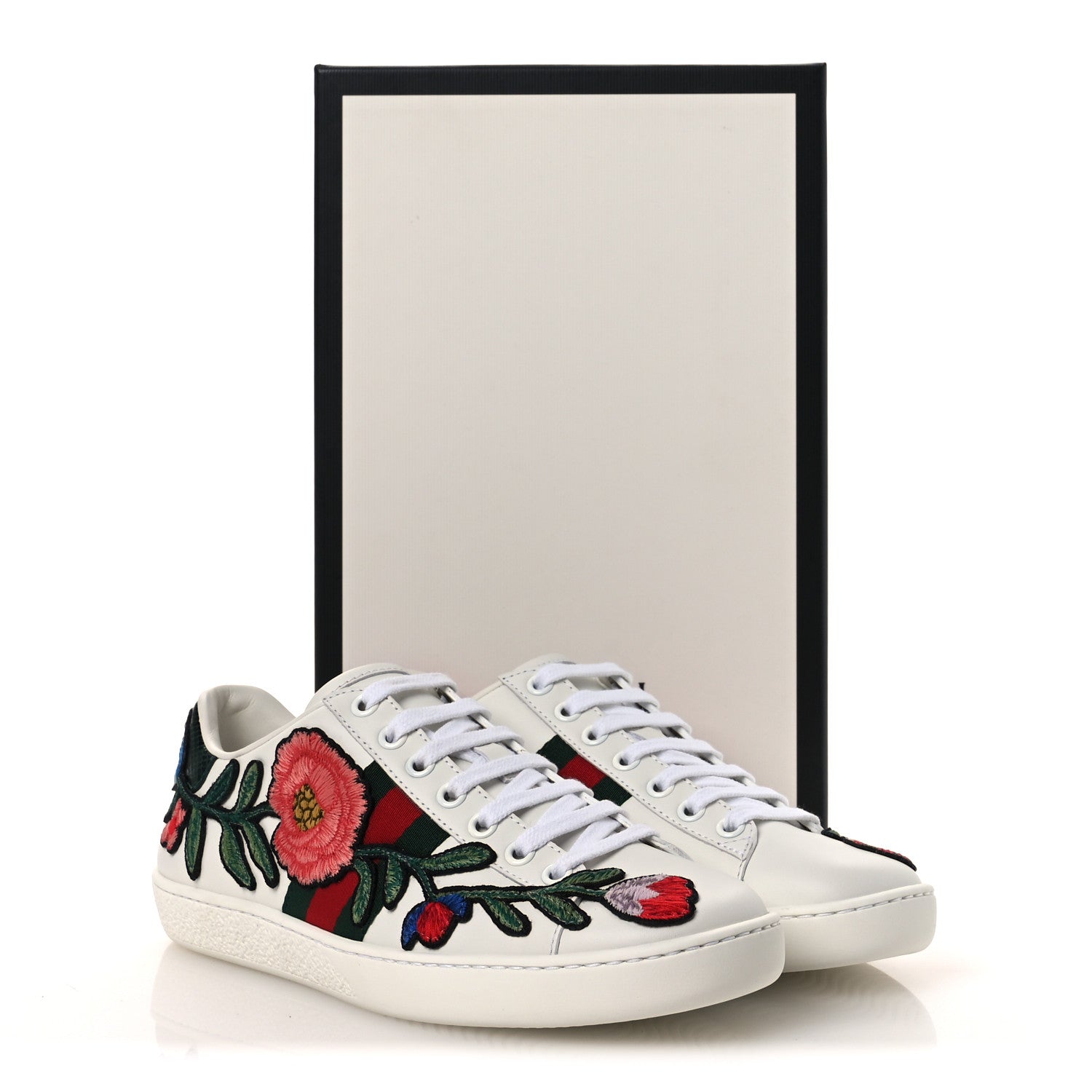 Gucci Calfskin Web Floral Embroidered Womens Ace Sneakers 36 White