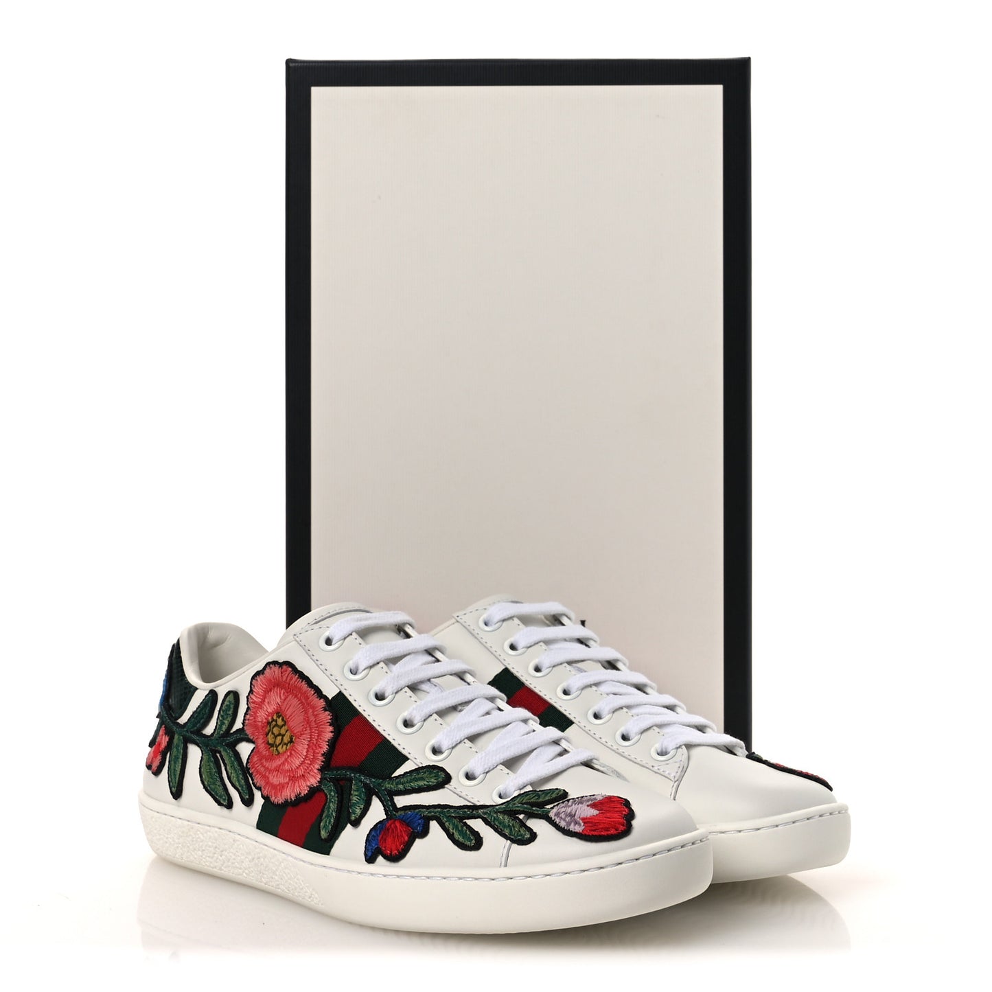 Calfskin Web Floral Embroidered Womens Ace Sneakers 36 White