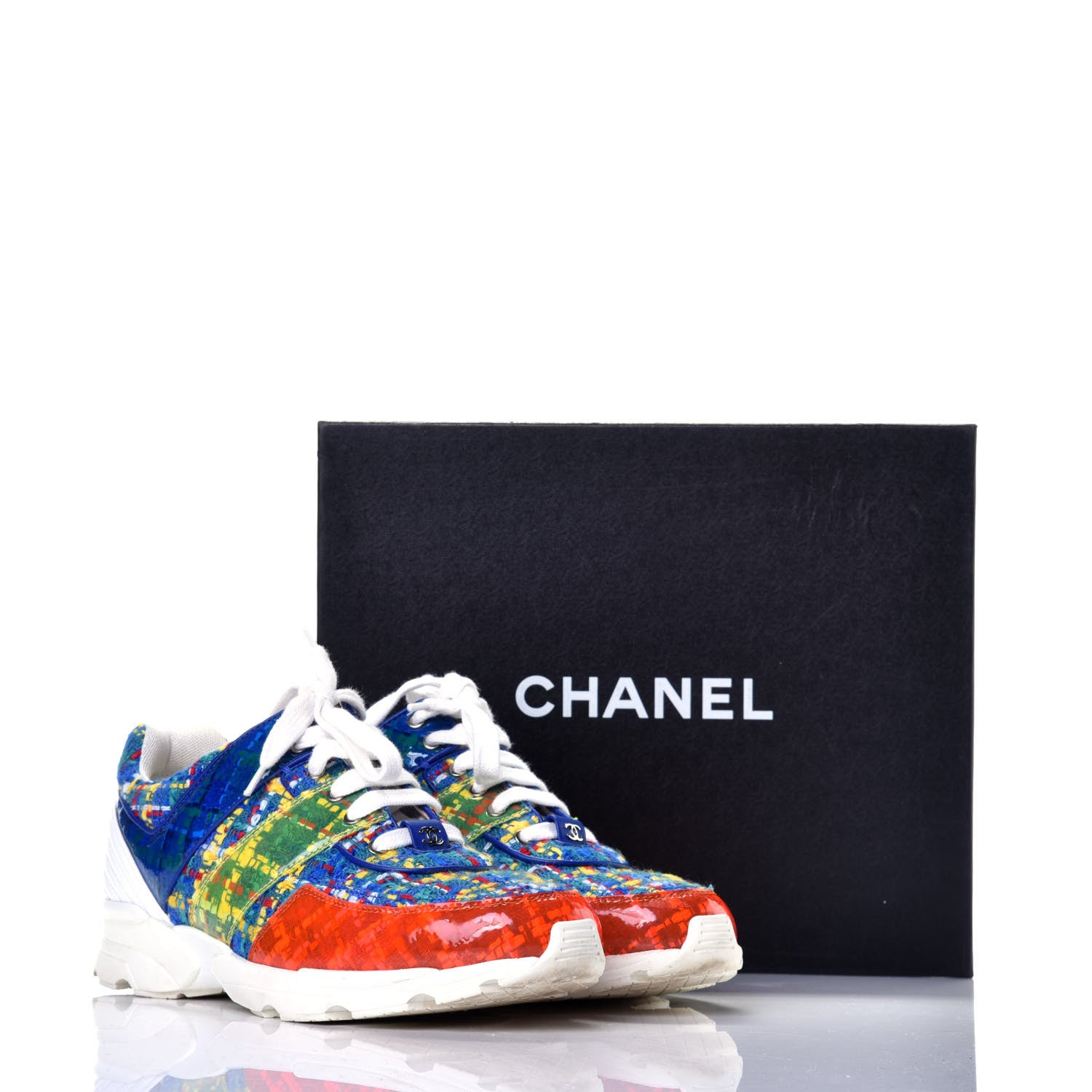 Chanel Tweed Calfskin Sneakers 41 Red Yellow Blue 8 of 8
