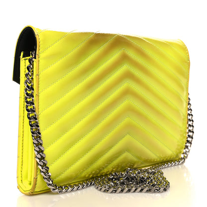 Saint Laurent Patent Grain De Poudre Matelasse Chevron Monogram Chain Wallet Neon Yellow 3 of 12