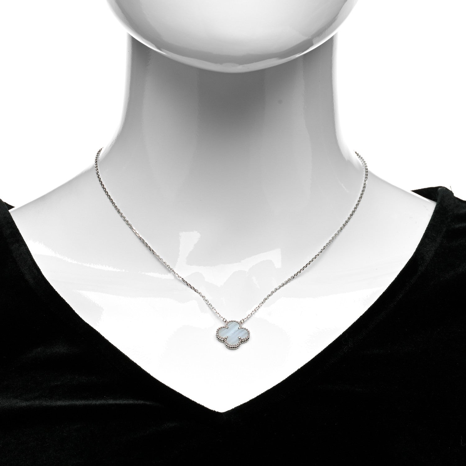 Van Cleef & Arpels 18K White Gold Chalcedony Vintage Alhambra Pendant Necklace 2 of 6