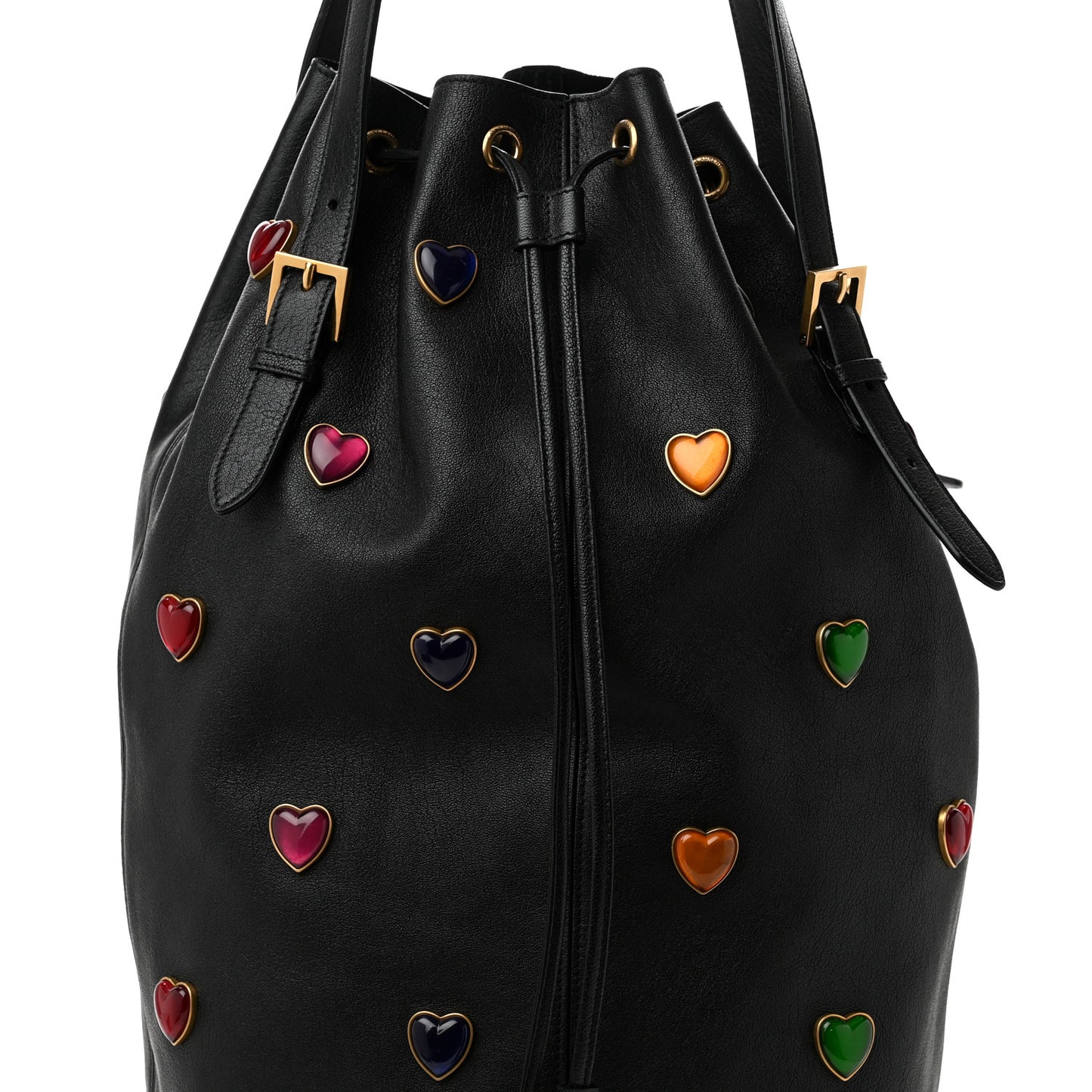 Lambskin Medium Heart Studded Riva Bucket Bag Black
