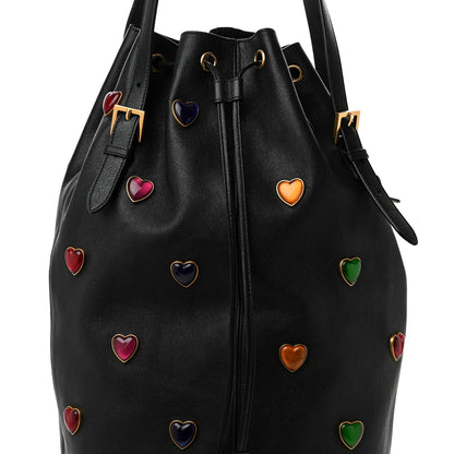 Saint Laurent Lambskin Medium Heart Studded Riva Bucket Bag Black 8 of 11