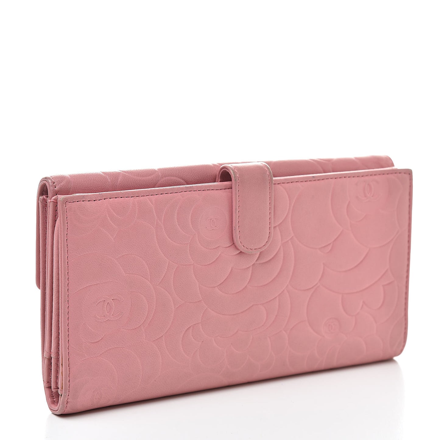 Lambskin Camellia Embossed Long Double Wallet Pink