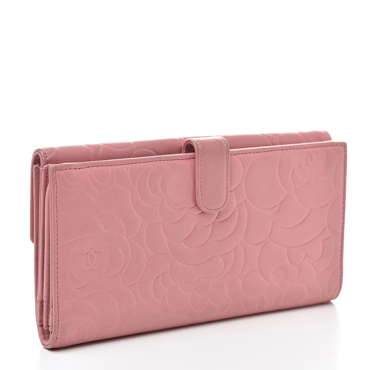Chanel Lambskin Camellia Embossed Long Double Wallet Pink 3 of 19