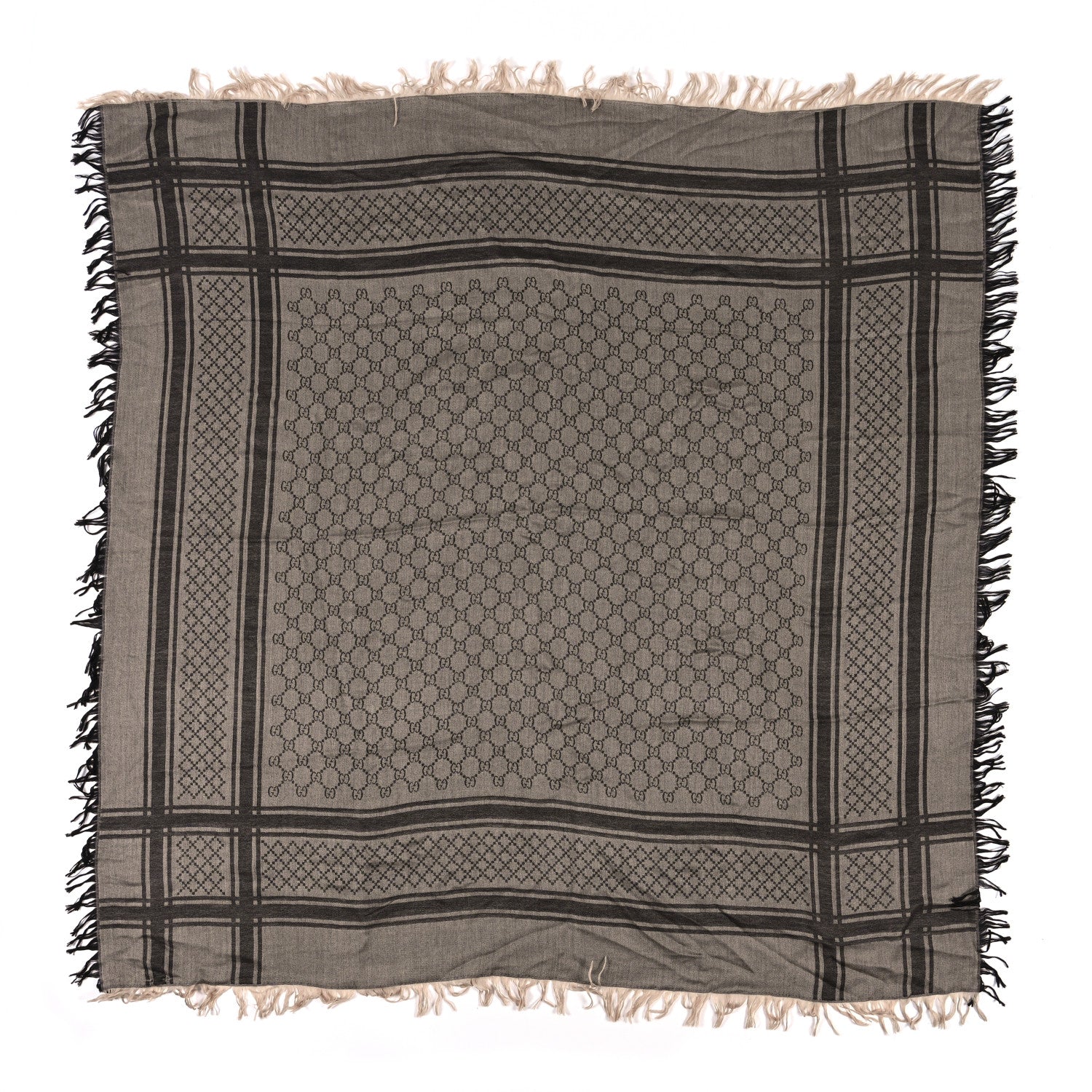 Gucci Wool Silk GG Monogram Diamante Plaid Surviee Shawl Beige Dark Brown 1 of 3