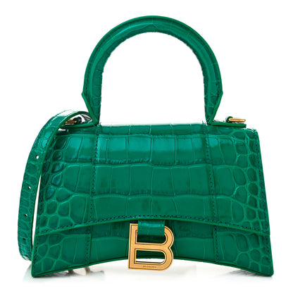 Balenciaga Shiny Calfskin Crocodile Embossed Hourglass Top Handle Bag XS Jade 1 of 11