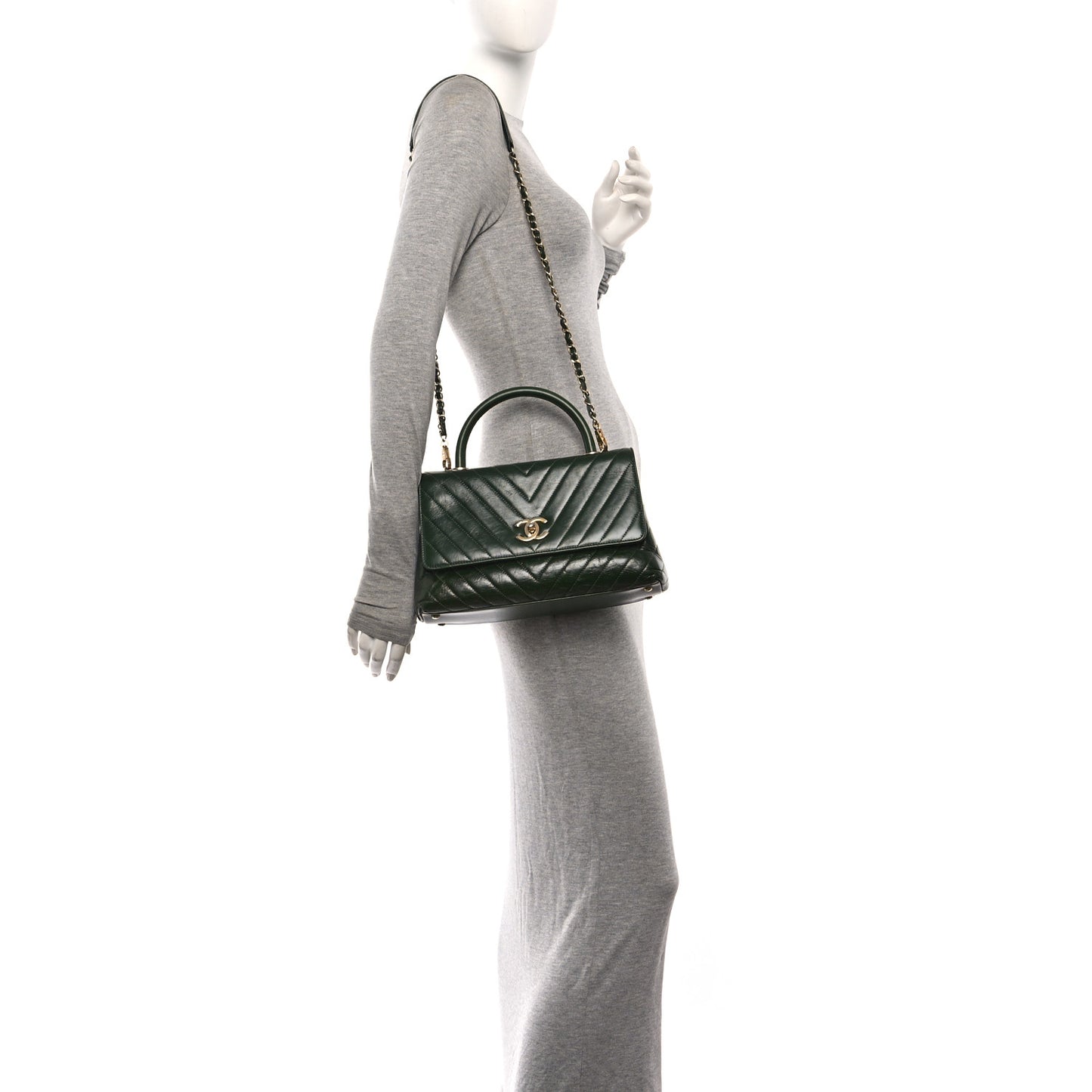 Calfskin Chevron Quilted Small Coco Handle Flap Green