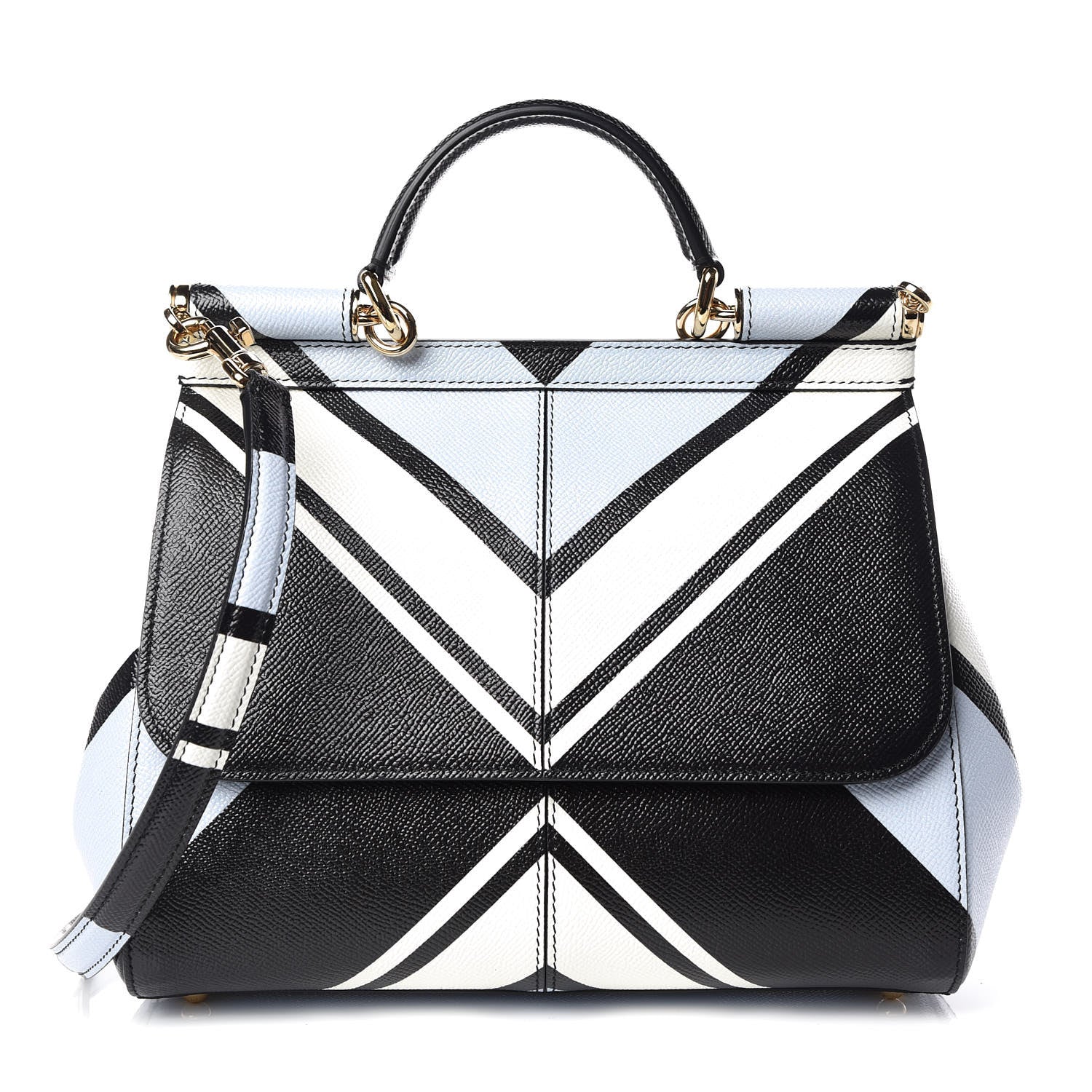 Dolce & Gabbana Dauphine Geo Striped Medium Miss Sicily Satchel White Blue Black 1 of 8