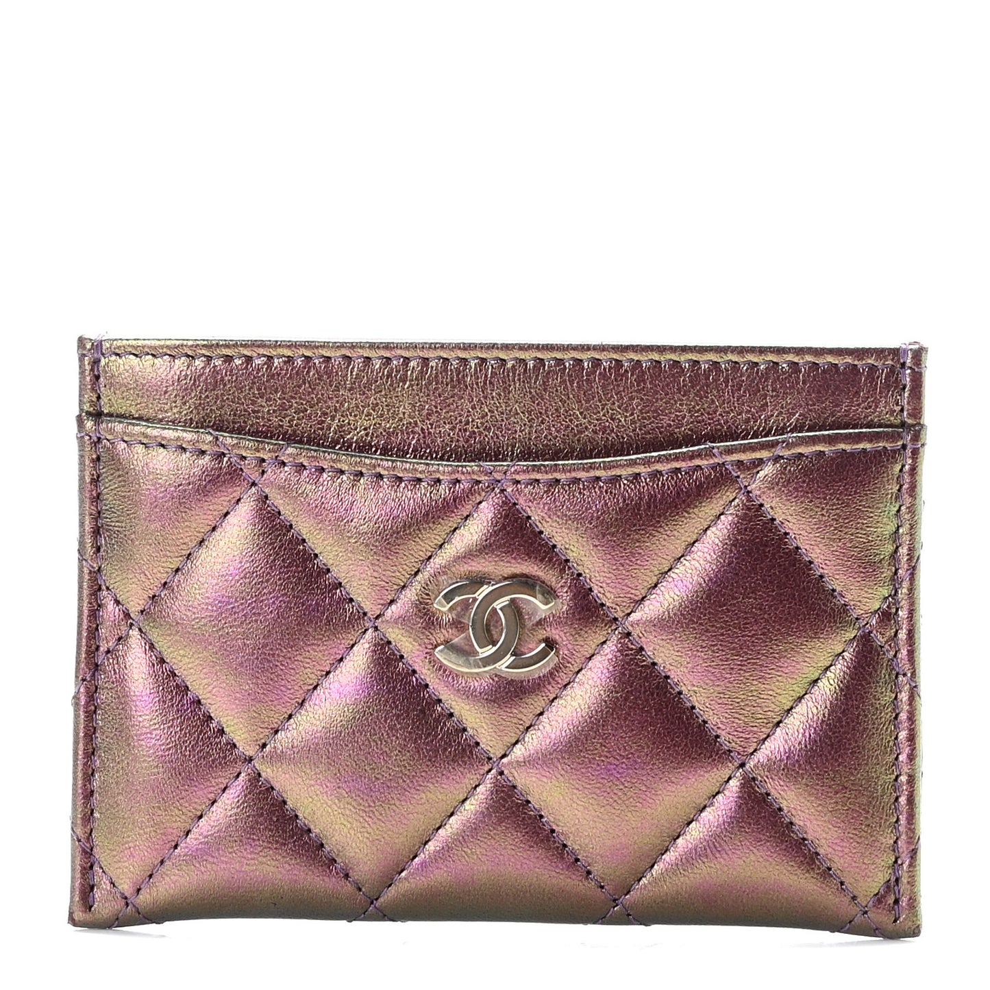 Iridescent Lambskin Quilted Card Holder Purple