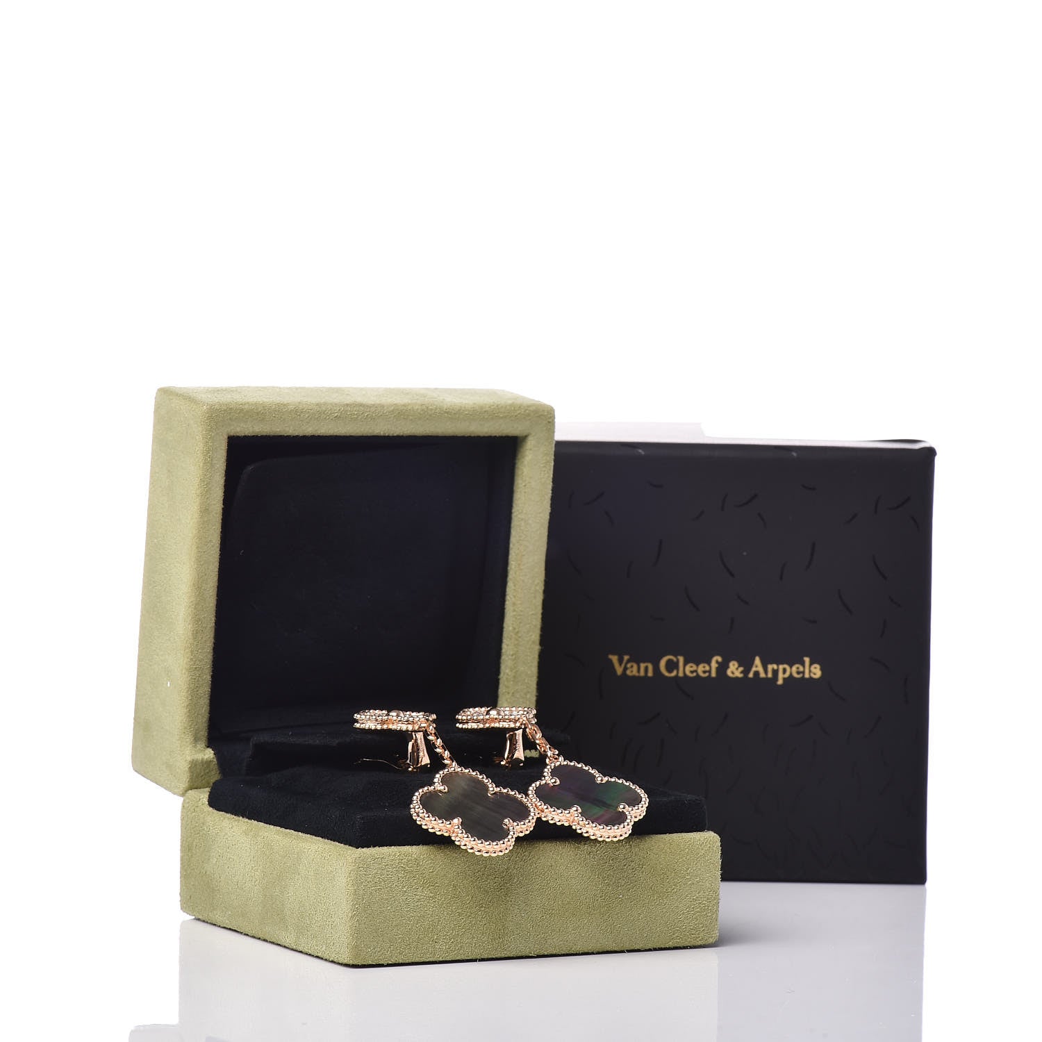 Van Cleef & Arpels 18K Rose Gold Diamond Grey Mother of Pearl Magic Alhambra 2 Motifs Earrings 6 of 6