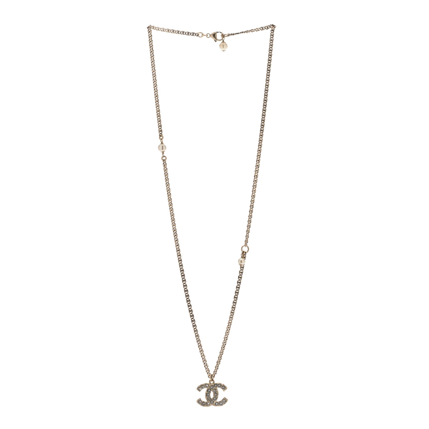 Metal Pearl Crystal CC Textured Pendant Necklace Gold