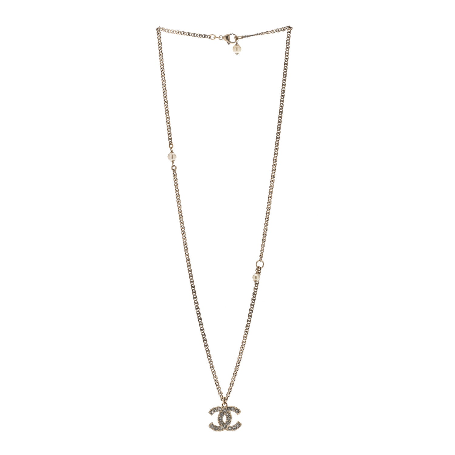 Chanel Metal Pearl Crystal CC Textured Pendant Necklace Gold 3 of 5