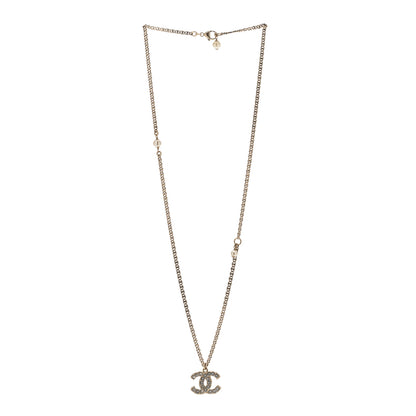 Chanel Metal Pearl Crystal CC Textured Pendant Necklace Gold 3 of 5