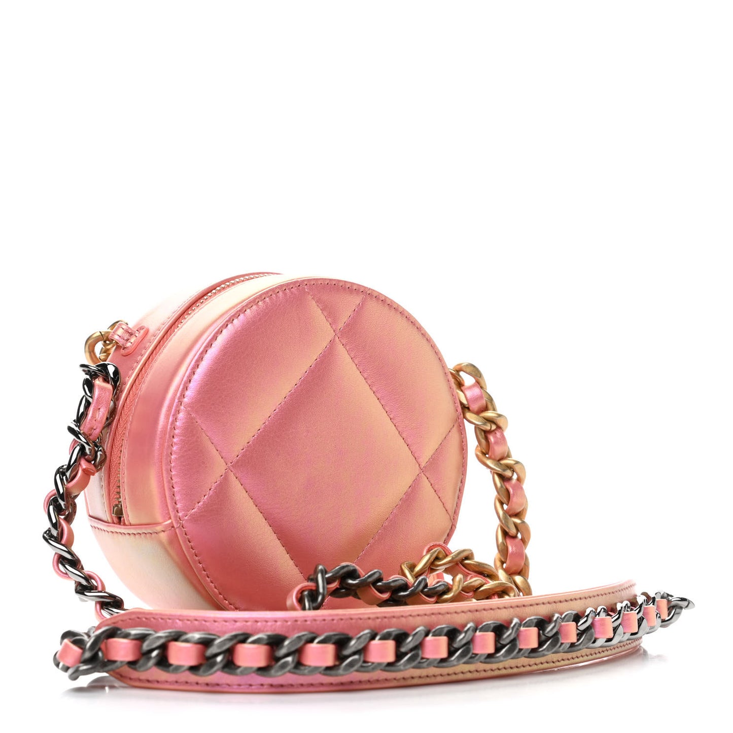 Iridescent Calfskin Quilted Chanel 19 Round Clutch With Chain Pink