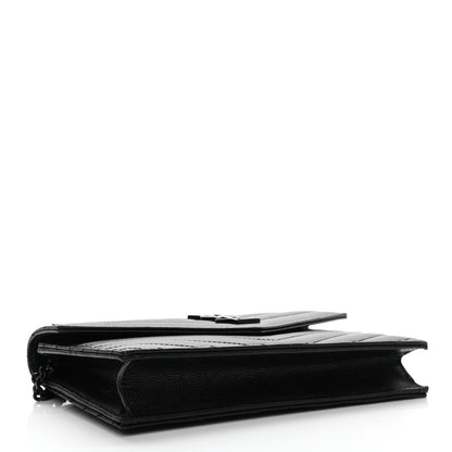 Saint Laurent Grain De Poudre Matelasse Chevron Monogram Monochrome Envelope Chain Wallet Black 4 of 12