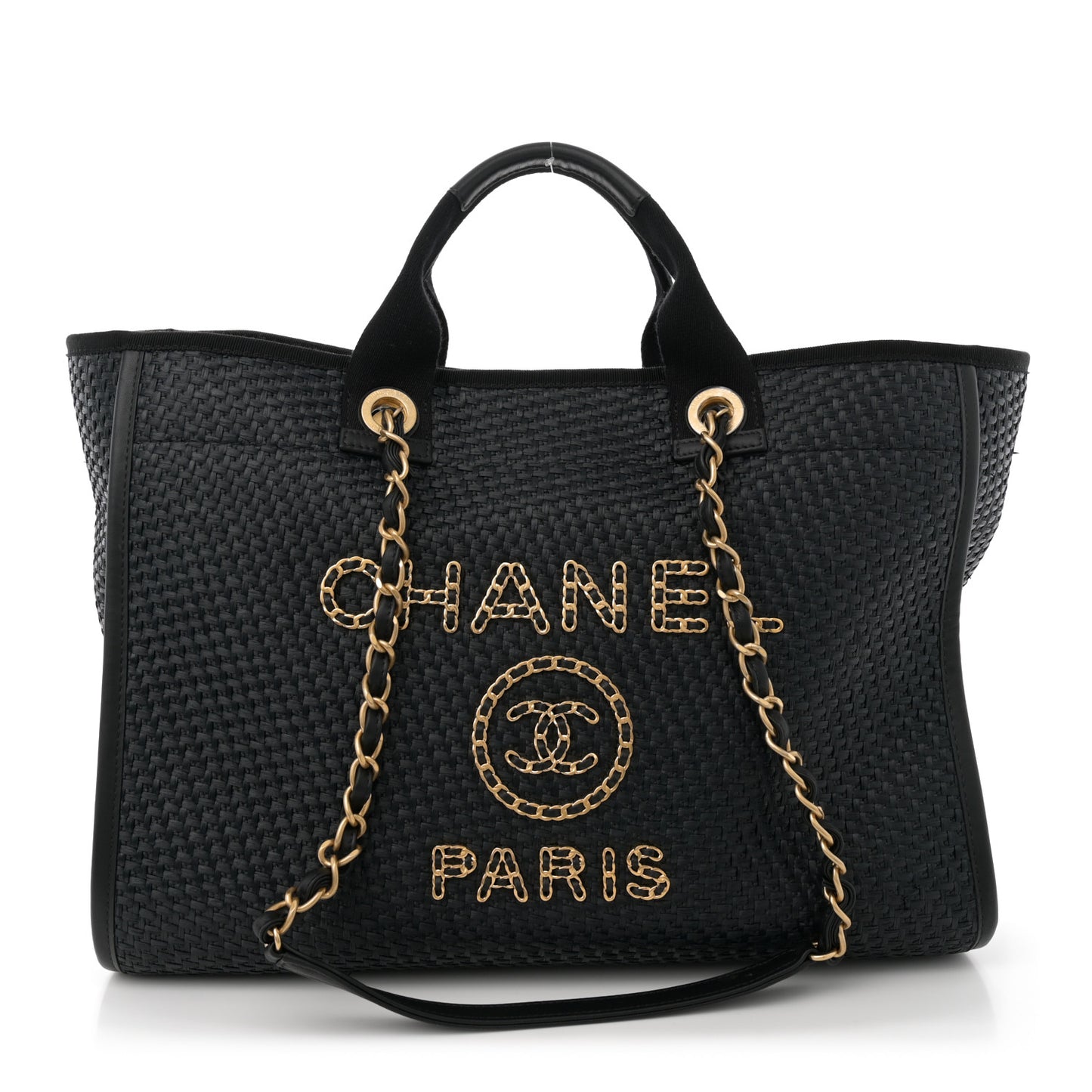 Straw Raffia Calfskin Chain Medium Deauville Tote Black