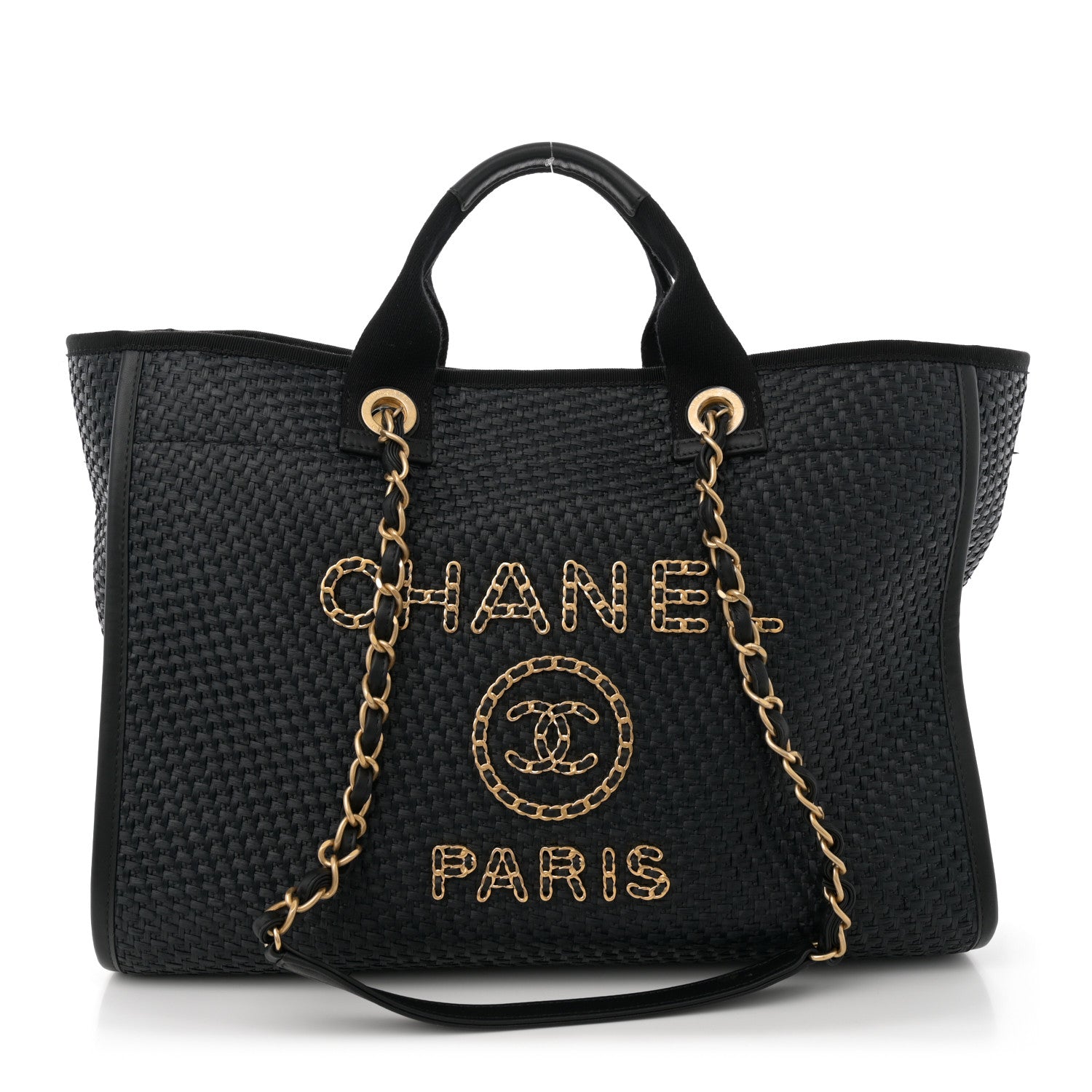 Chanel Straw Raffia Calfskin Chain Medium Deauville Tote Black 1 of 11
