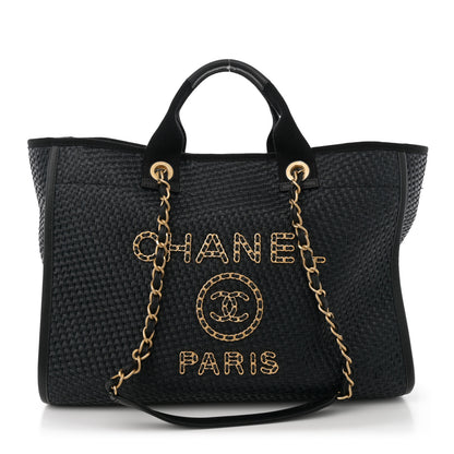 Chanel Straw Raffia Calfskin Chain Medium Deauville Tote Black 1 of 11