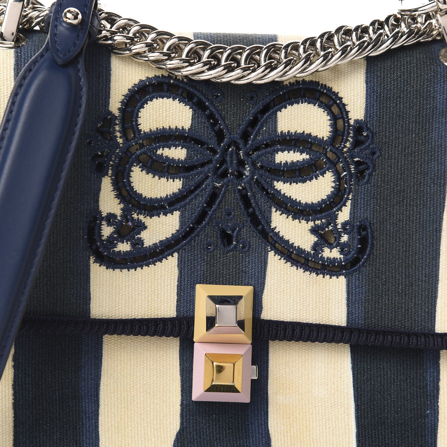 Canvas Calfskin Striped Bow Small Kan I Shoulder Bag Blueberry