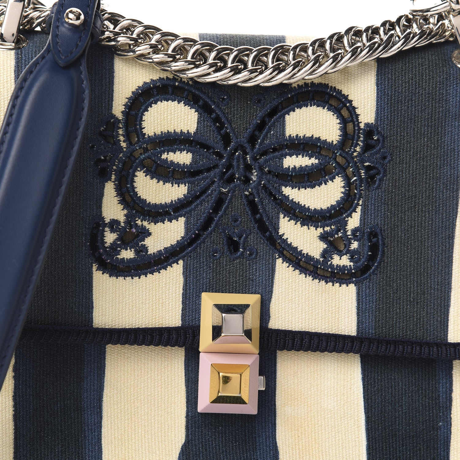 Fendi Canvas Calfskin Striped Bow Small Kan I Shoulder Bag Blueberry 15 of 16
