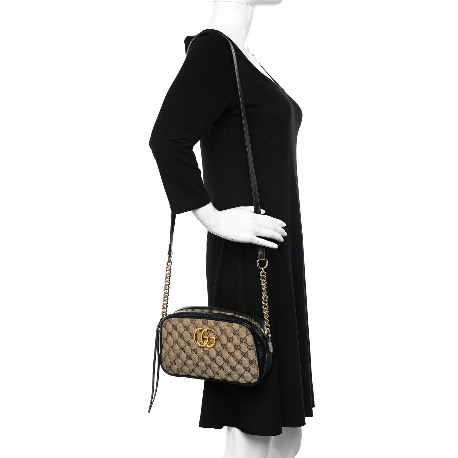 Gucci Monogram Matelasse Diagonal Small GG Marmont Chain Shoulder Bag Beige Black 2 of 11