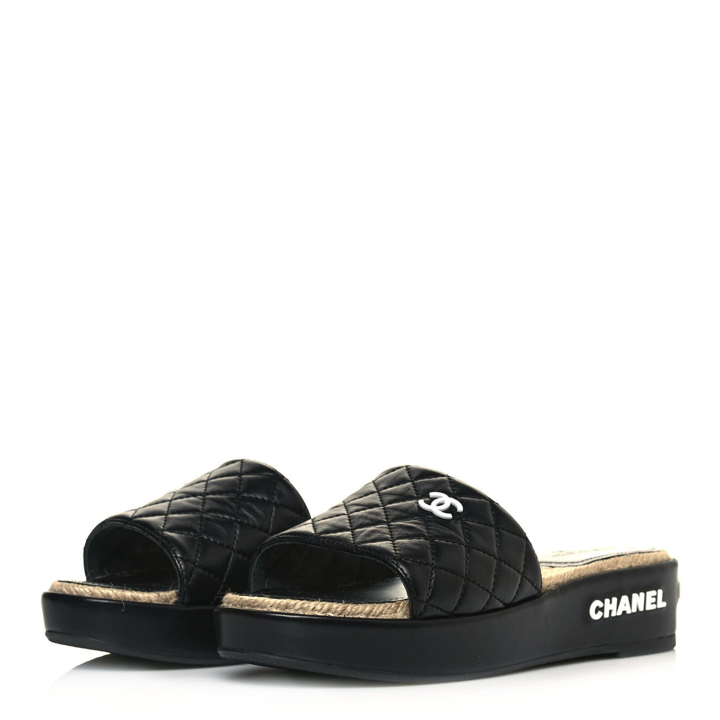 Lambskin Quilted CC Espadrille Slip On Sandals 38 Black