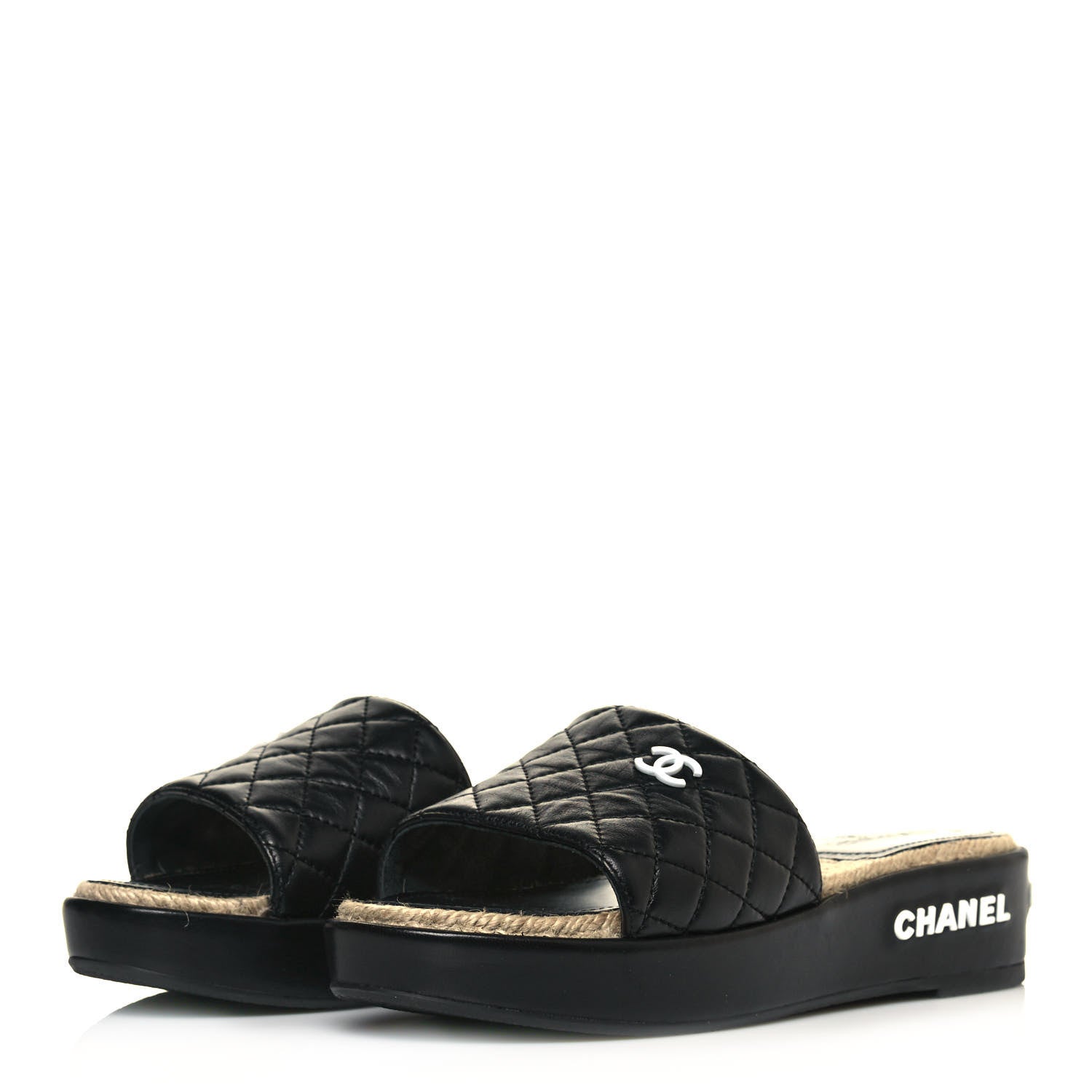 Chanel Lambskin Quilted CC Espadrille Slip On Sandals 38 Black 3 of 10