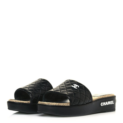 Chanel Lambskin Quilted CC Espadrille Slip On Sandals 38 Black 3 of 10