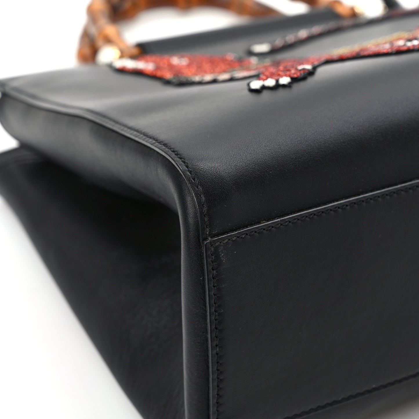 Nappa Bamboo Embroidered Medium Nymphaea Top Handle Bag Black