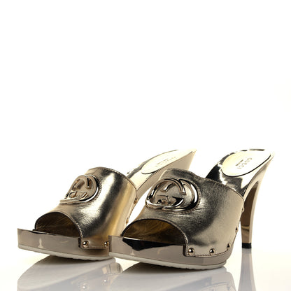 Gucci Metallic Calfskin GG Icon Bit Platform Clog High Heel Slide Sandals 9.5 Gold 3 of 6