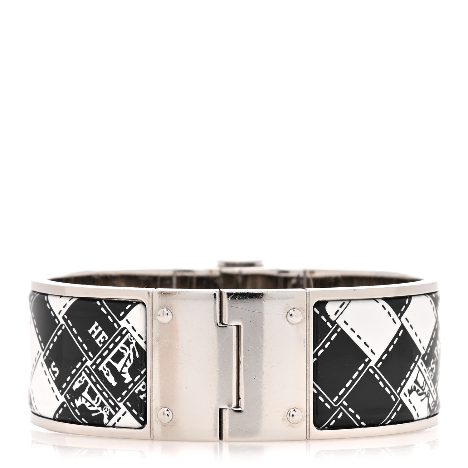 Hermes Enamel Printed Wide Bolduc Au Carre Hinged Bracelet Black White 3 of 4