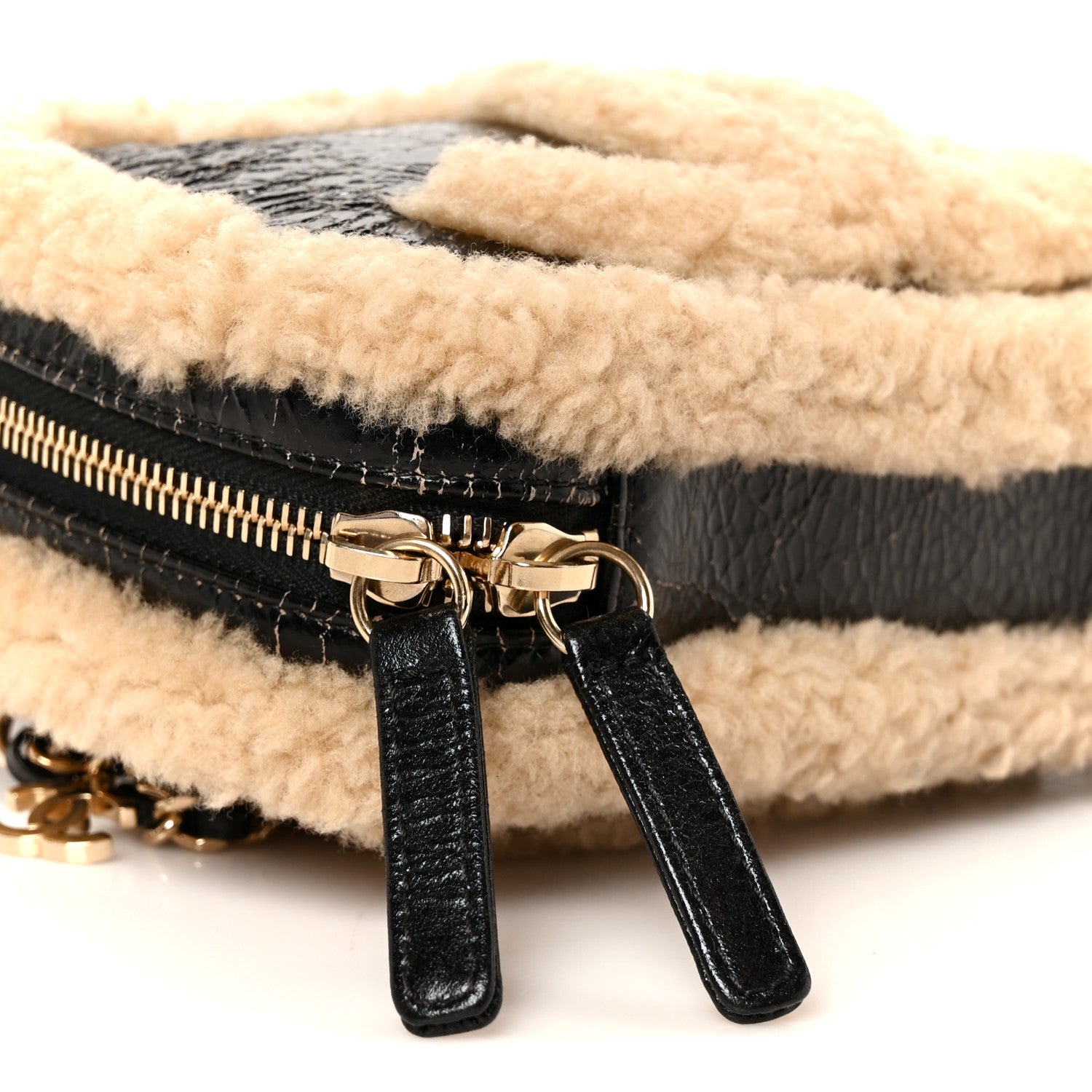 Chanel Shiny Crumpled Sheepskin Shearling Waist Bag Black Beige 8 of 9