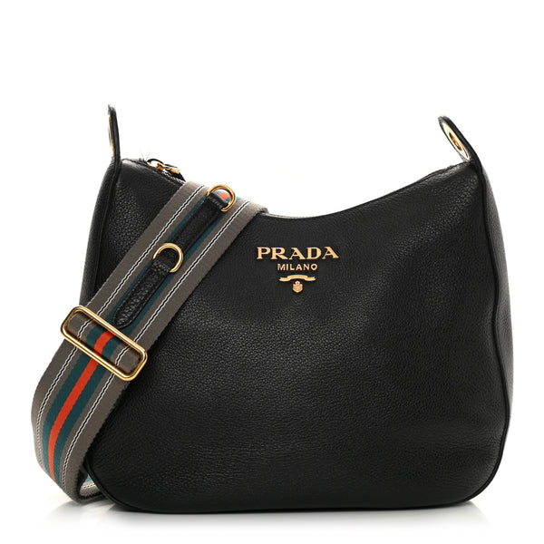 Prada Vitello Phenix Zippered Messenger Hobo Black 1126899