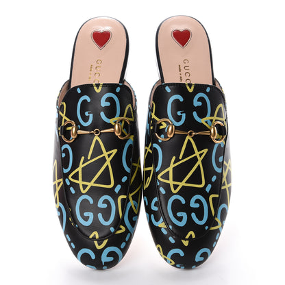 Gucci Calfskin GucciGhost Print Womens Princetown Slippers 38 Black New Acquamarine 5 of 9