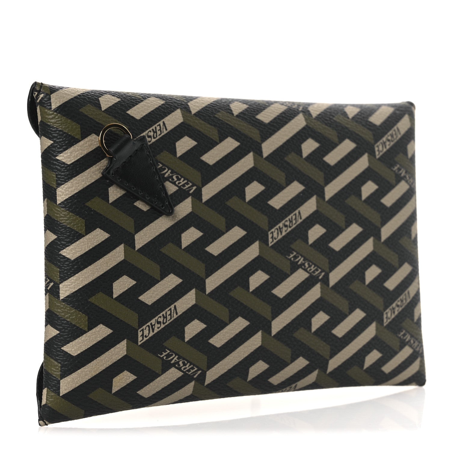 Versace Coated Canvas Calfskin LA Greca Envelope Pouch Black Green Beige 3 of 7