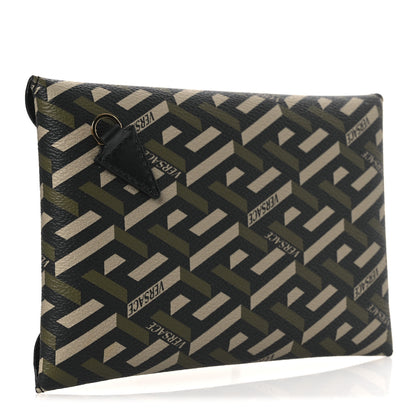 Versace Coated Canvas Calfskin LA Greca Envelope Pouch Black Green Beige 3 of 7