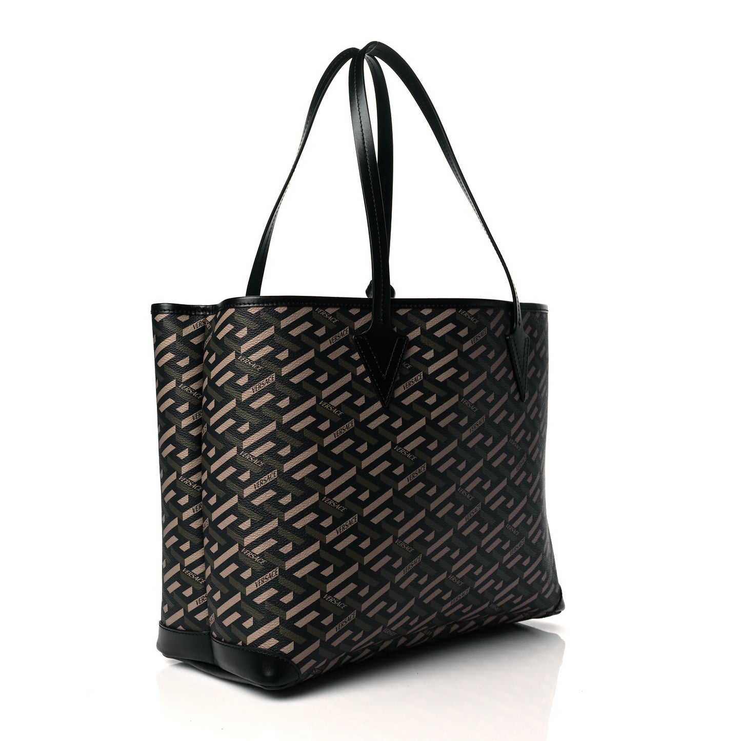 Coated Canvas Calfskin La Greca Medusa Music Signature Shopper Tote Bag Black Khaki Multicolor