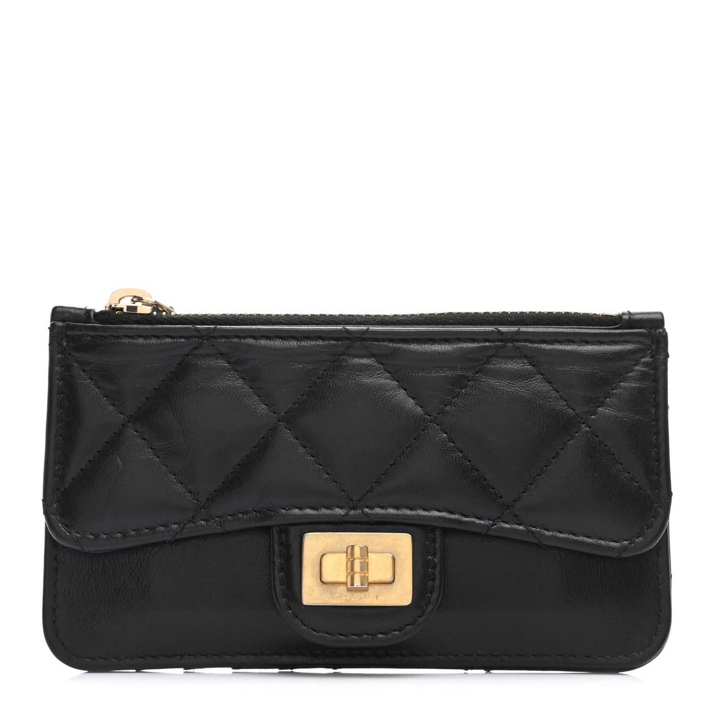 Aged Calfskin Quilted Reissue Flap Zip Card Holder Black
