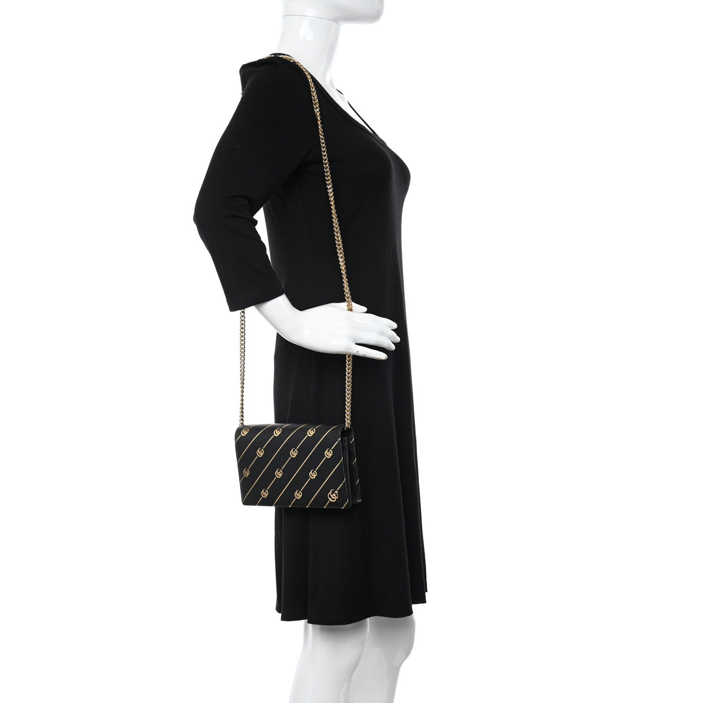 Calfskin Diagonal GG Mini Chain Wallet Black Gold