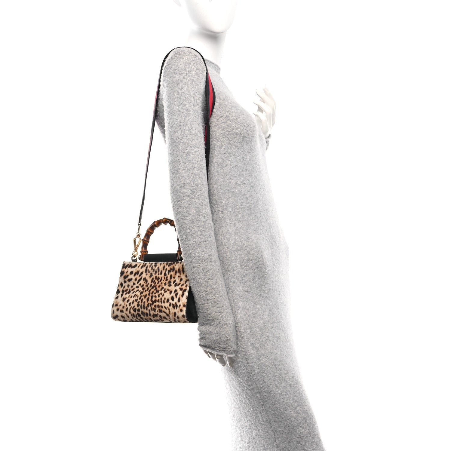 Gucci Calf Hair Bamboo Web Leopard Print Mini Nymphaea Top Handle