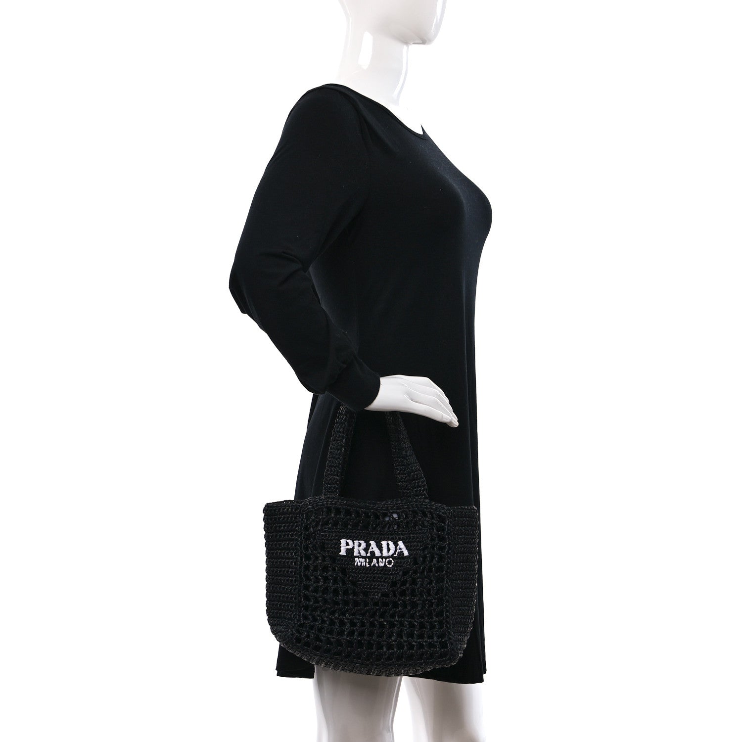 Prada Yarn Raffia Effect Crochet Logo Embroidered Small Tote Bag Black 3 of 7