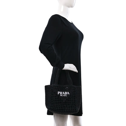 Prada Yarn Raffia Effect Crochet Logo Embroidered Small Tote Bag Black 3 of 7